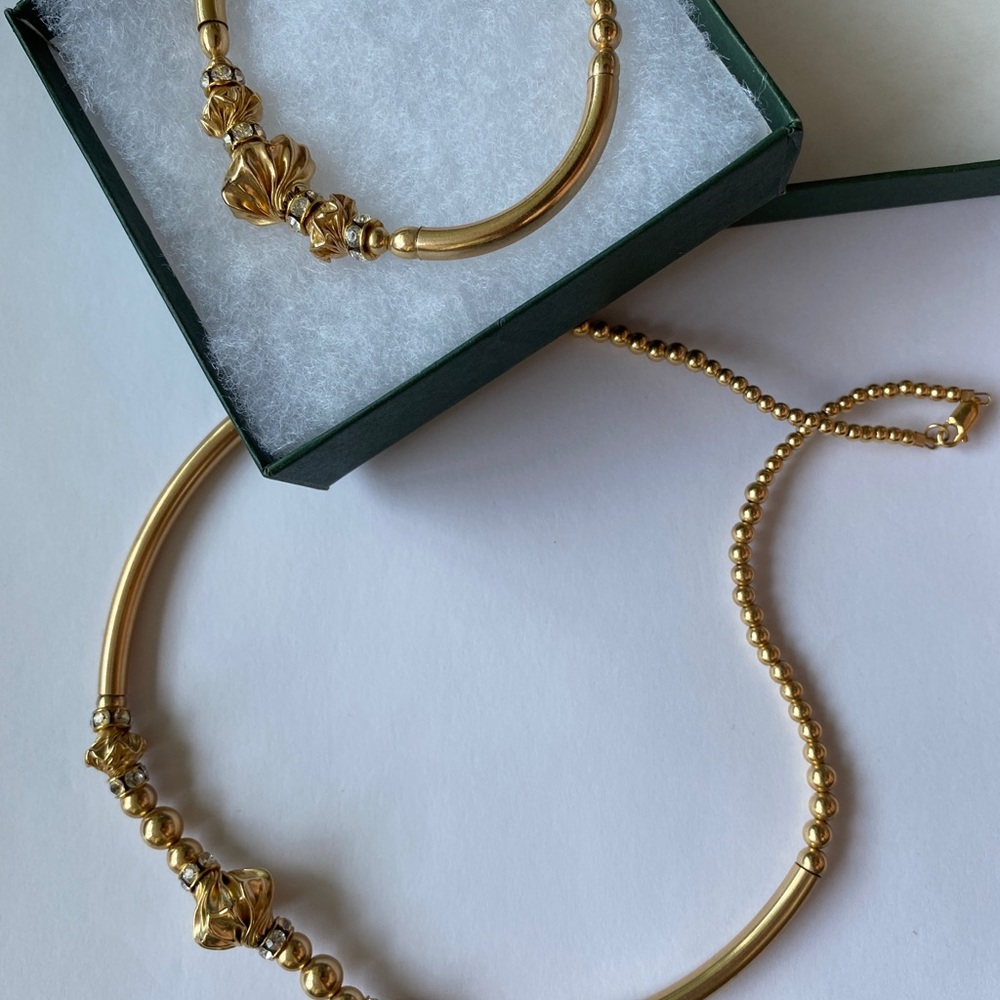 Necklace & Bracelet Set NEW goldtone beads, bars, and rhinestones